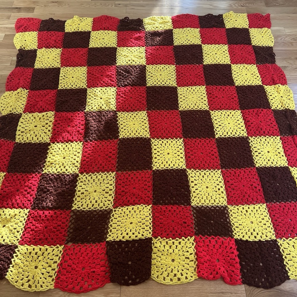 Vintage Cottagecore Afghan Crochet Granny Square  Blanket 75"x73" Multi Color